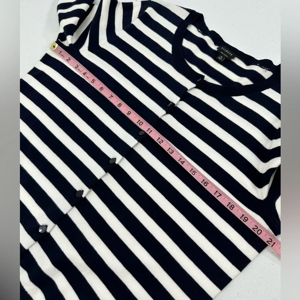 Talbots Nautical Navy White Stripe Cardigan Pima Cotton 3/4 Sleeve Classic Med